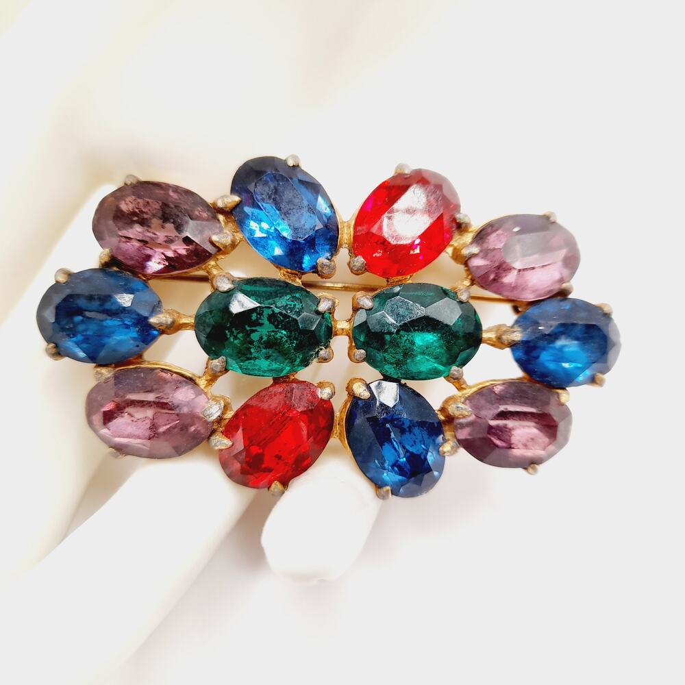 Vintage 1940s Multi-Color Rhinestone Brooch Gold Tone Mid-Century